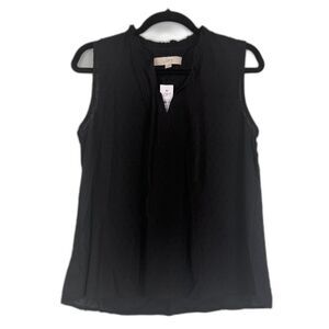 LOFT Black Sleeveless Blouse XS Swiss Dot Ruffle Neck NWT Lightweight Top